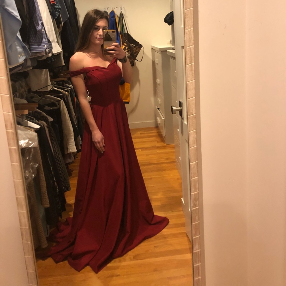 Burgundy Millybridal off the shoulder prom dress